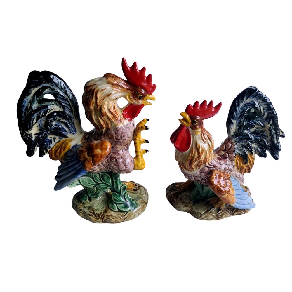 Lefton Japan Ceramic Fighting Rooster Retro Figurines Vintage Farmhouse Pair